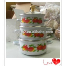 3Pcs coating bumper fruit decal mini enamel cookware casserole sets with wooden knob glass Lid and enamel handle